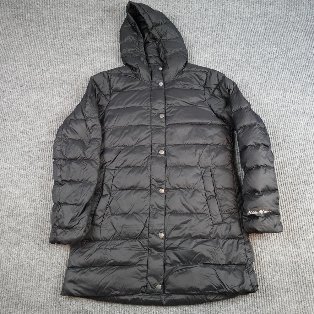 Eddie Bauer Down Jacket Womens Small Black Hooded Long Quilted Puffer Snap Front
